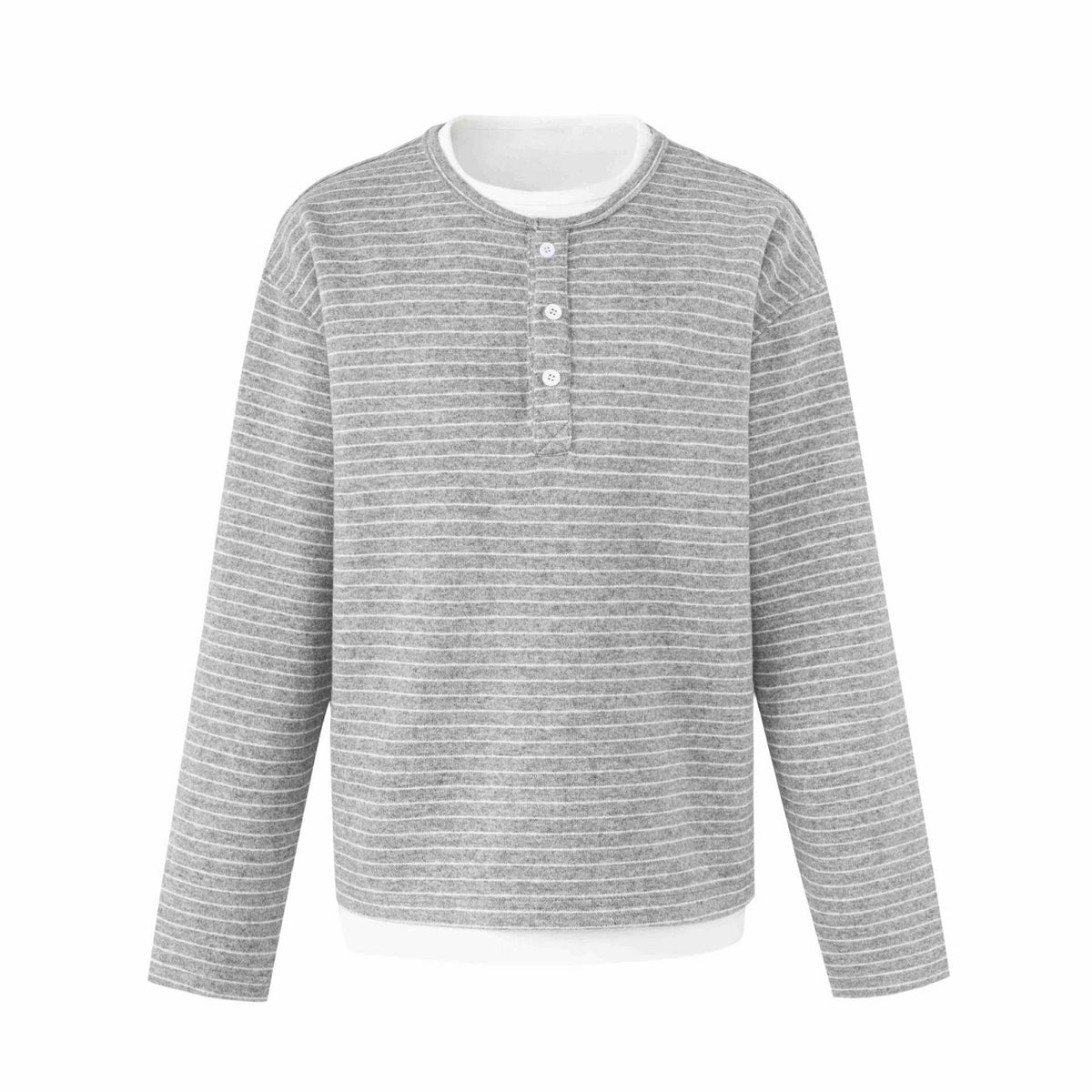 Trendy Stripe Henley Neck  Long Sleeve Loose Fit T-Shirt
