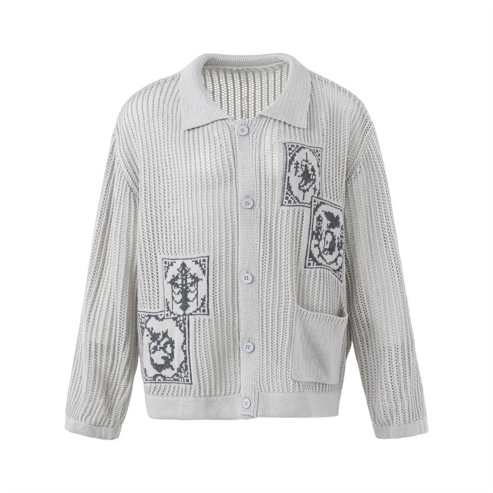 Jacquard hollowed out lapel long sleeved knitted sweater