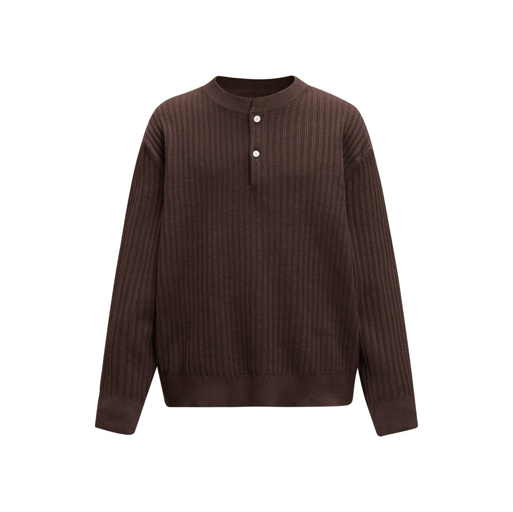 Pit stripe texture semi open collar long sleeved knitted sweater