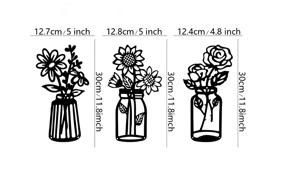 Three piece metal flower wall decoration flower black flower bottle minimalist art wall decoration living room bathroom home bed