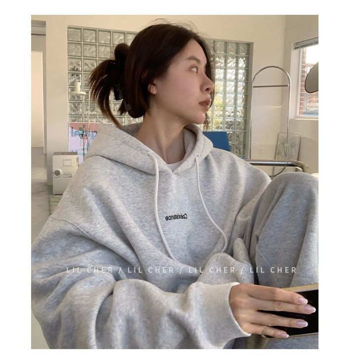 Casual Hooded Sweatshirt for Women, Gray, Oversized Loose Fit, Korean Style, Thickened Fleece Lined