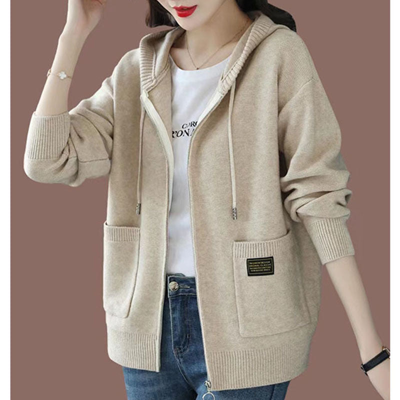 Zipper sweater with cap knit sweater jacket for women