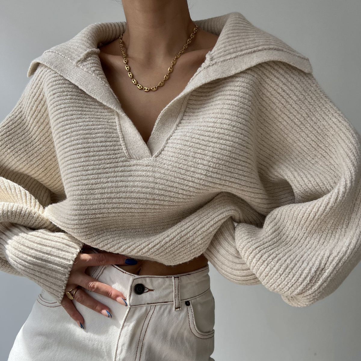 Chic Knit Sweater with Turn-Down Collar, Pullover Style, Women's Top