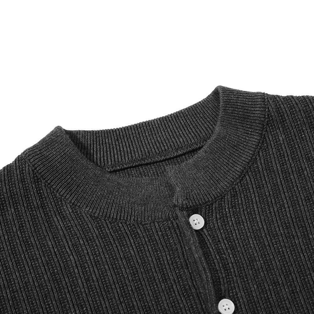 Pit stripe texture semi open collar long sleeved knitted sweater