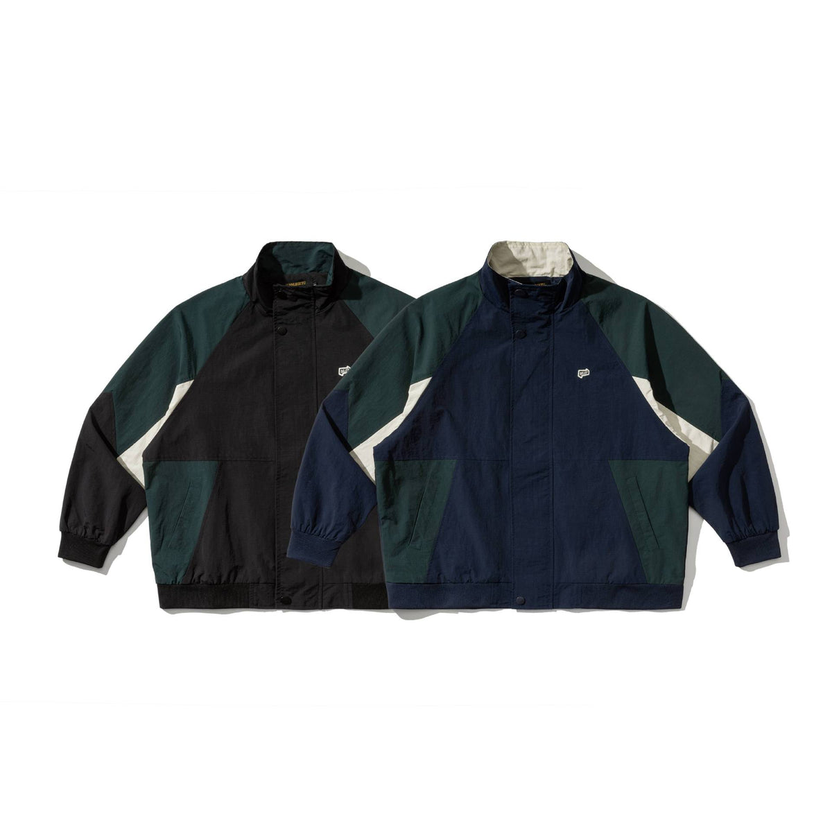 Color-block Design Zipper Stand-up Collar Loose Fit Couple Jacket