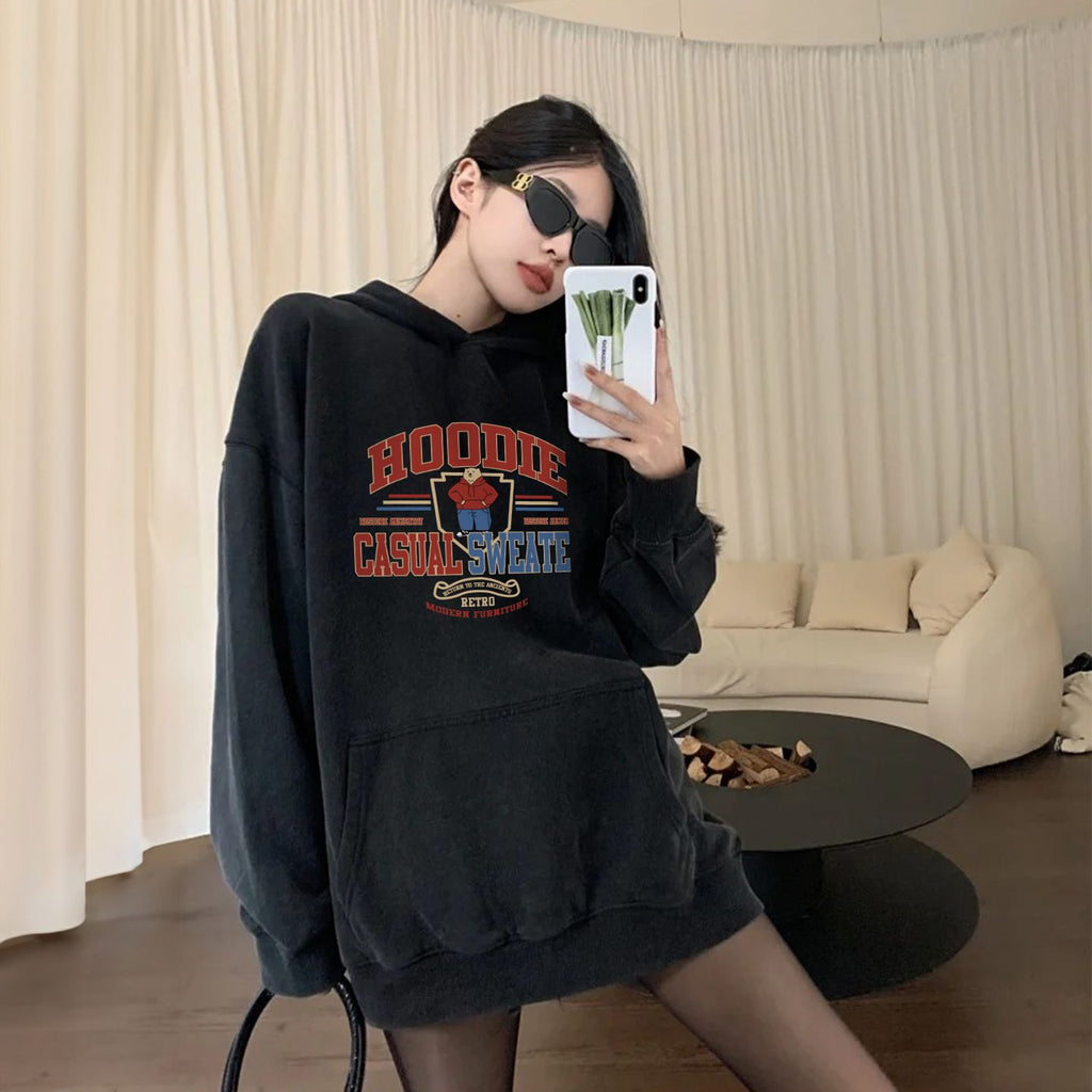 Style Hooded Lightweight Sweatshirt for Women, Lazy  Print, Loose Fit, Slimming, Versatile Hoodie