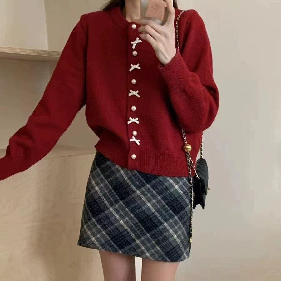 Butterfly knot pearl button knitted cardigan