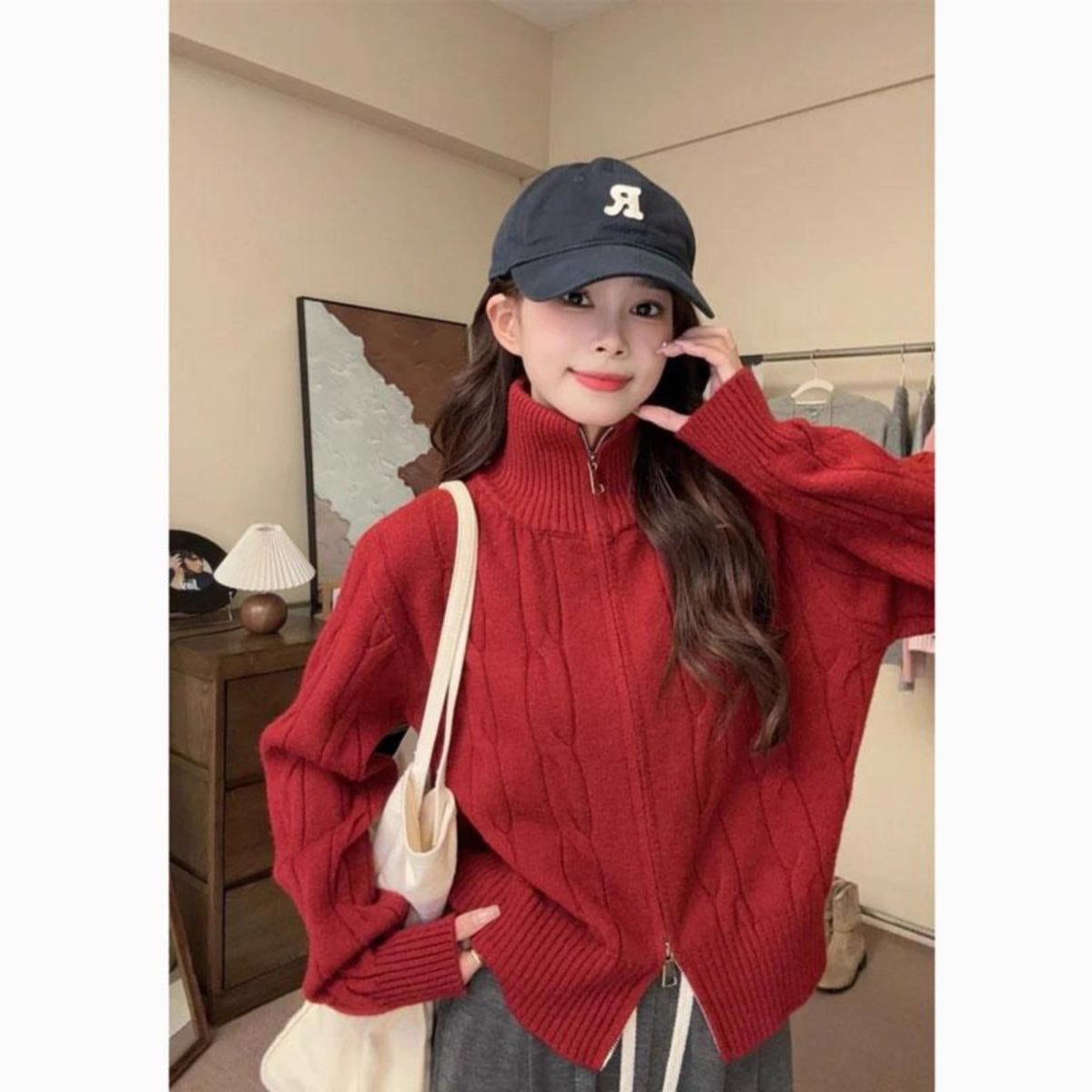 Lazy double zipper high neck sweater jacket for women