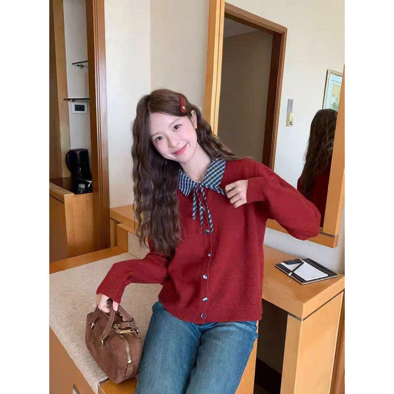 Checkered Patchwork Color-blocked Knit Cardigan for Women Loose Casual College Style Sweater