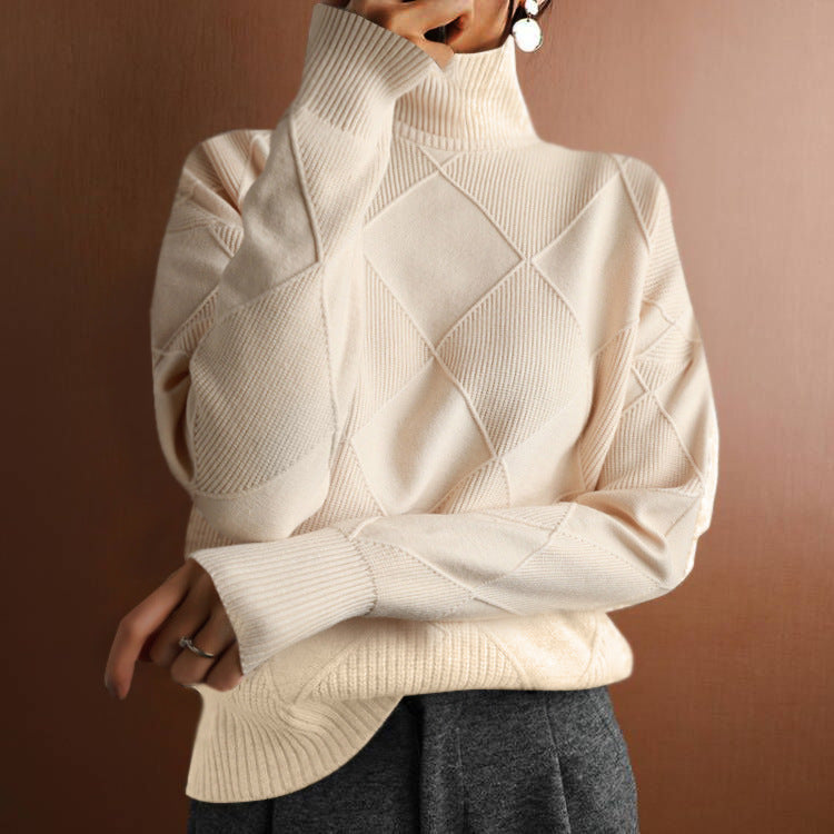 Commuter Knitwear Solid Color High Neck Diamond Sweater for Women