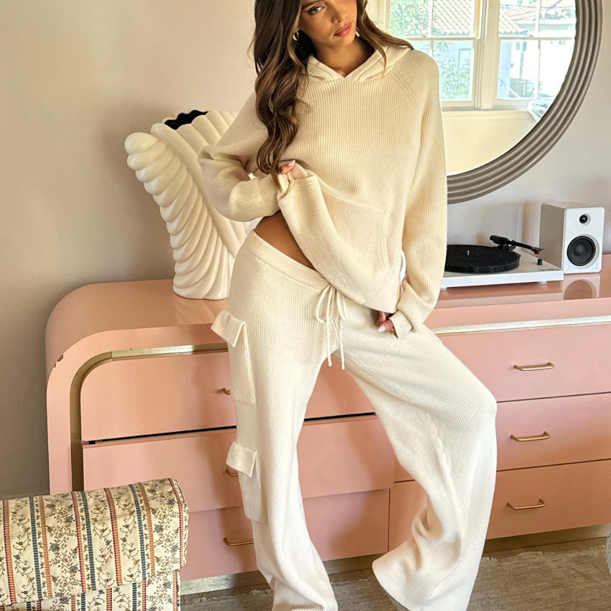 Hooded Casual Knit Sweater Set for Women