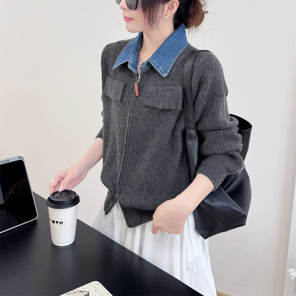 Double zipper knitted cardigan jacket for women