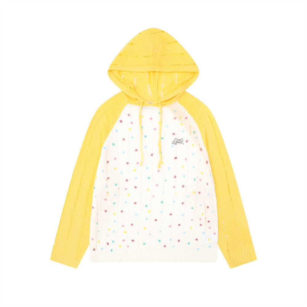 Starry Sky Splicing Color blocked Shoulder Long Sleeve Hoodie Knitted Sweater