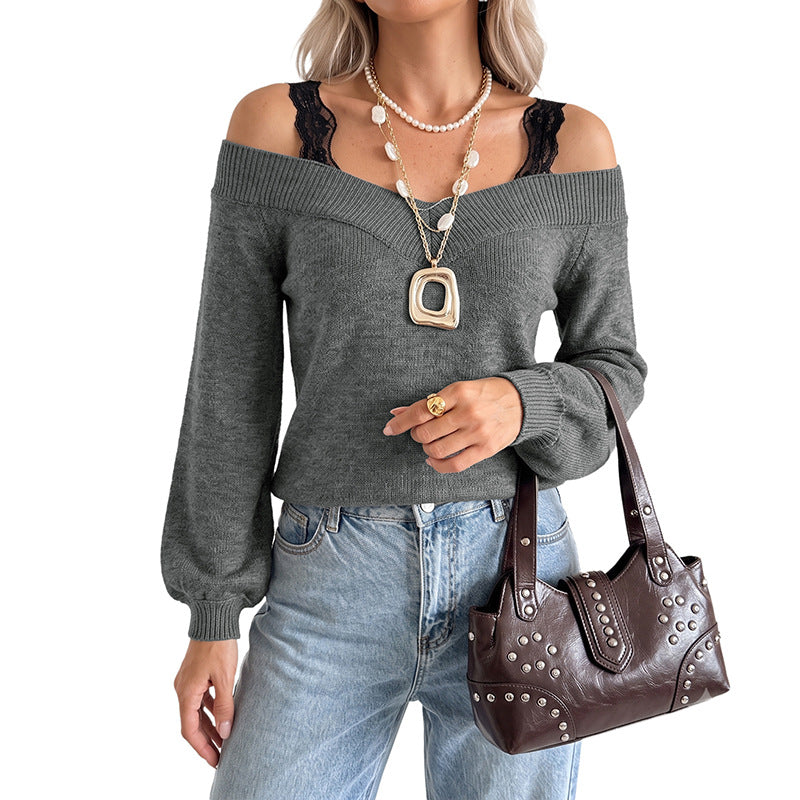 Solid color lace patchwork one shoulder waist sweater