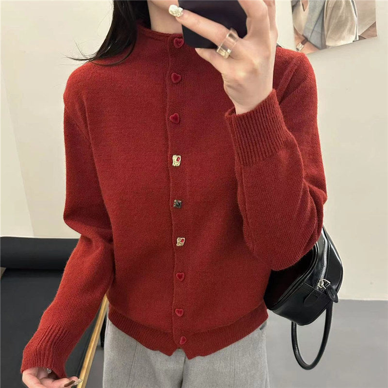 Half high neck chic heart button knit cardigan for women