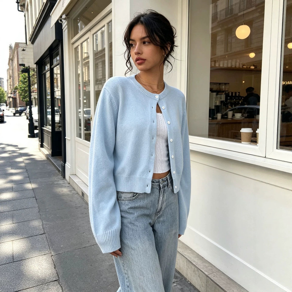 Round neck threaded long sleeved button women's knitted cardigan jacket