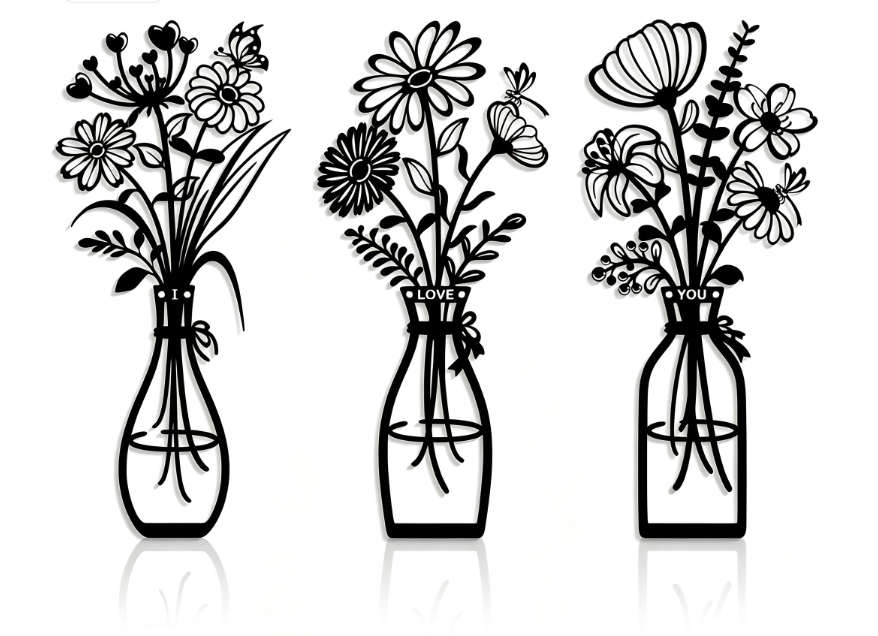 Three piece metal flower wall decoration flower black flower bottle minimalist art wall decoration living room bathroom home bed