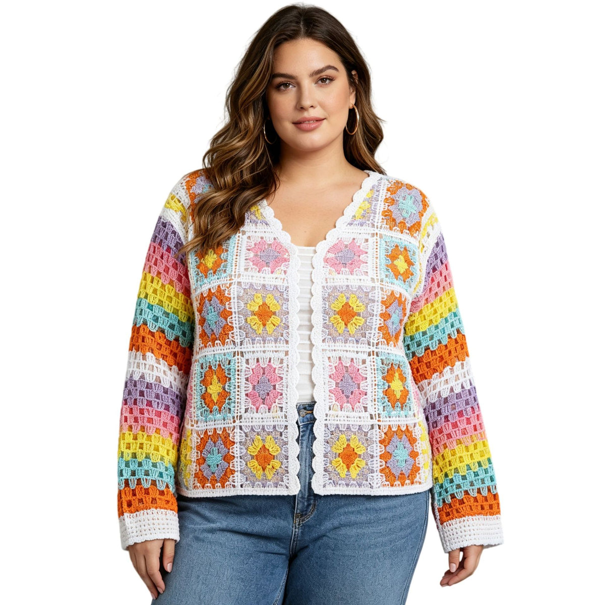 Rainbow cardigan V-neck hollowed out long sleeved top