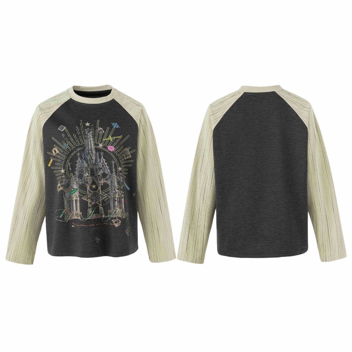 Castle Print Raglan Sleeve Striped Spliced Long Sleeve T-Shirt for Men