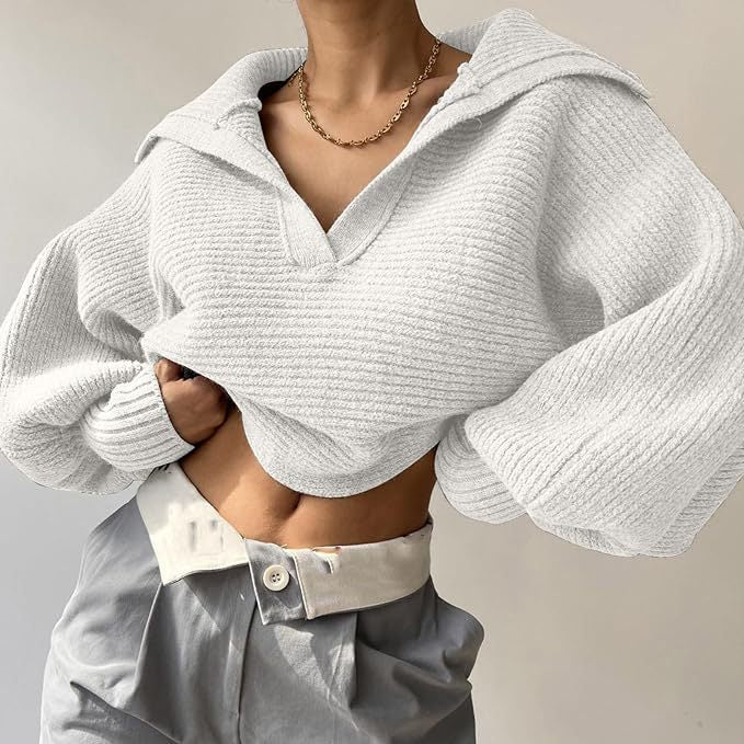 Chic Knit Sweater with Turn-Down Collar, Pullover Style, Women's Top