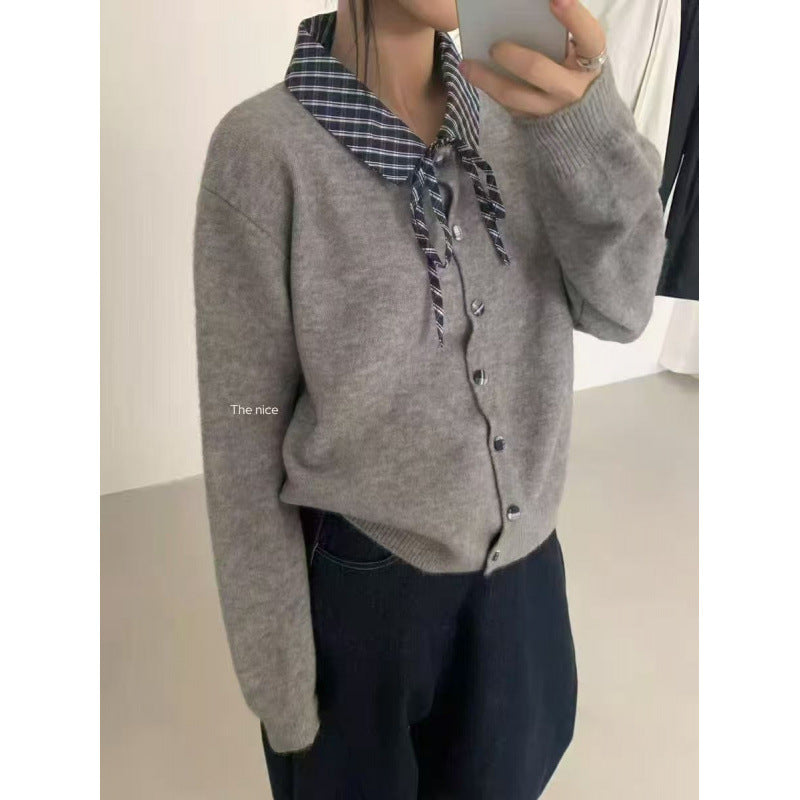 Checkered Patchwork Color-blocked Knit Cardigan for Women Loose Casual College Style Sweater