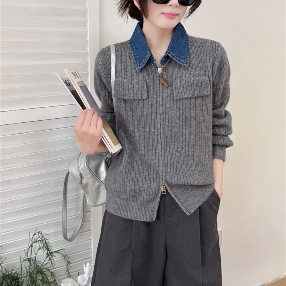 Double zipper knitted cardigan jacket for women