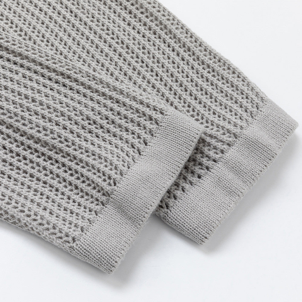Jacquard hollowed out lapel long sleeved knitted sweater