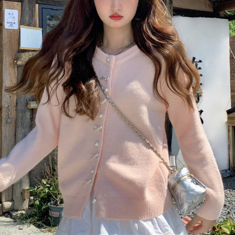 Butterfly knot pearl button knitted cardigan