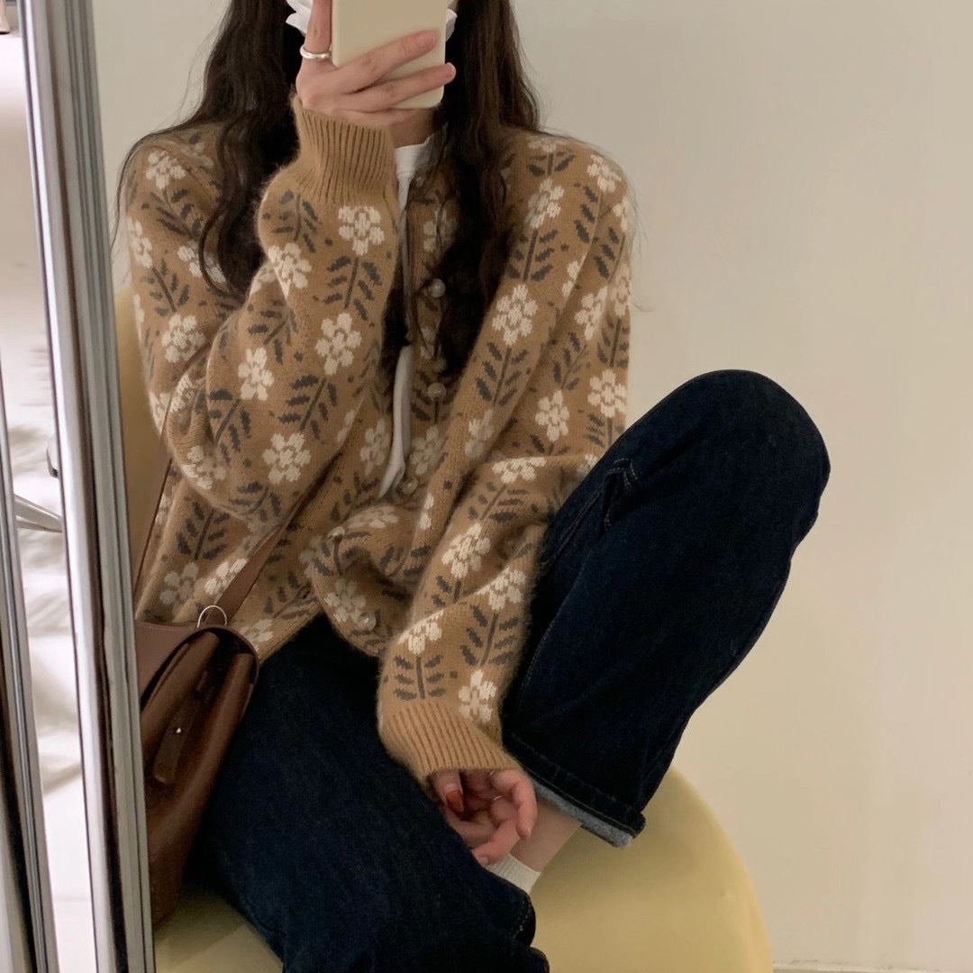 Retro jacquard sweater women's round neck cardigan jacket