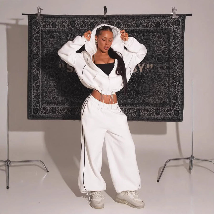 Women's Color-Block Hooded Zip-Up Set | Loose Straight-Leg Pants