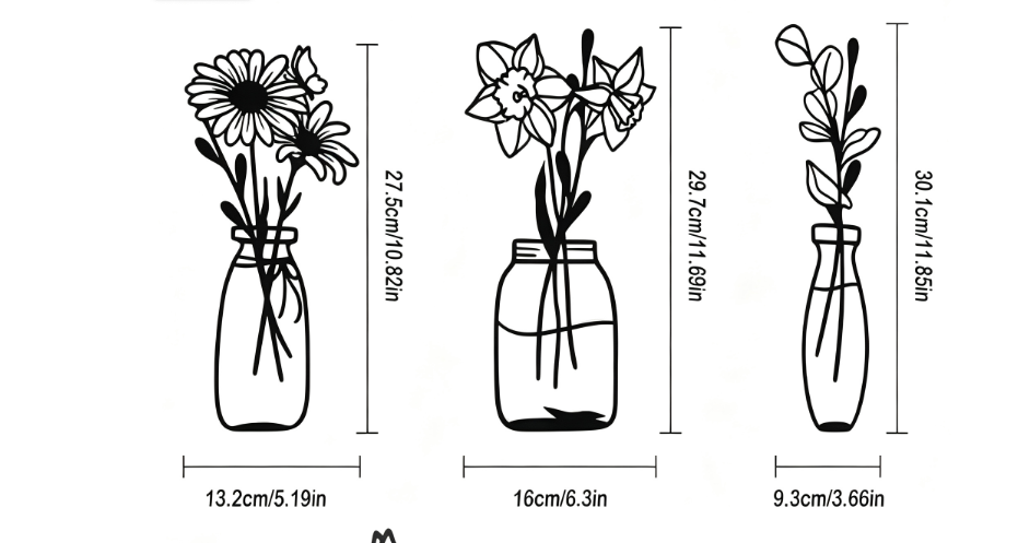 Three piece metal flower wall decoration flower black flower bottle minimalist art wall decoration living room bathroom home bed