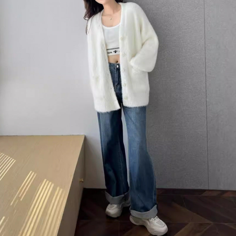 Knit Cardigan for Women, Loose Lantern Sleeve Sweater Top