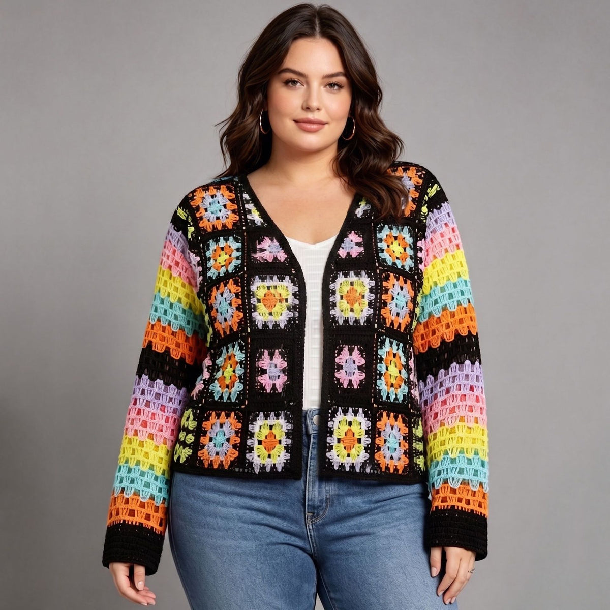Rainbow cardigan V-neck hollowed out long sleeved top