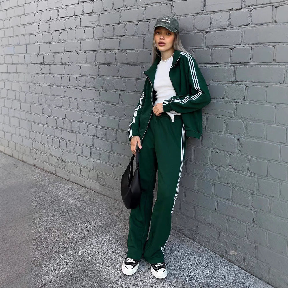 Sporty Casual Hooded Jacket Loose Color-block Striped Wide-leg Pants Two-piece Set for Women