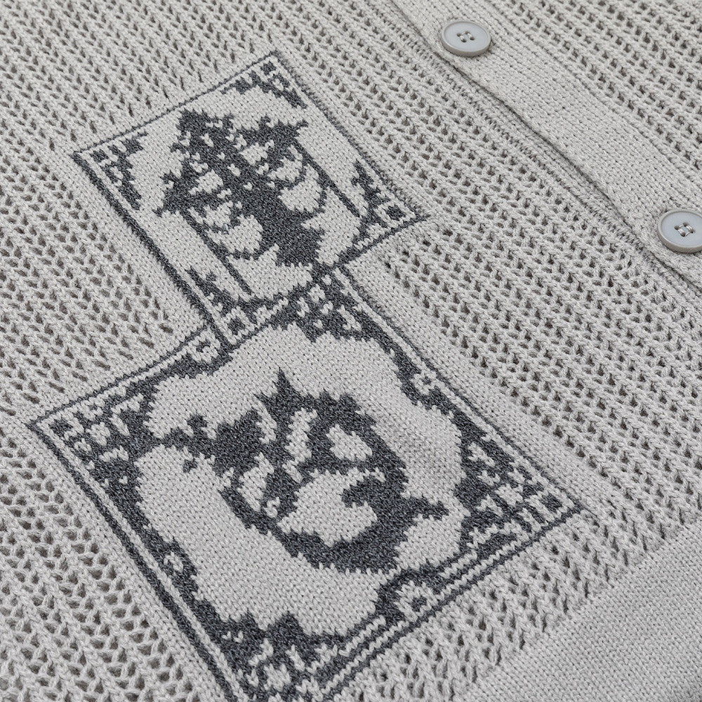 Jacquard hollowed out lapel long sleeved knitted sweater