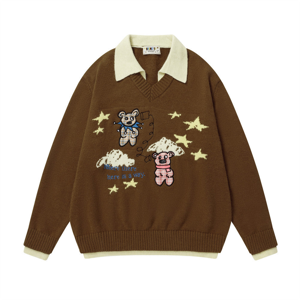 Cartoon Embroidery Fake Two Piece Color blocked Collar Sweater