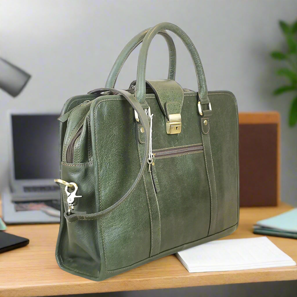 Leather Briefcase, Olive Green