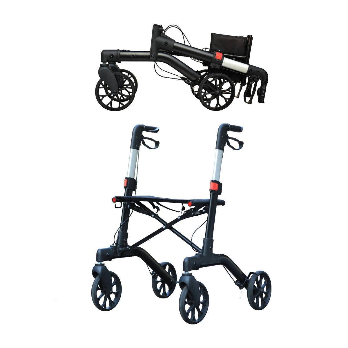 Foldable Wheeled Walker with Backrest and Bag - Adjustable Height, Lightweight, and Sturdy Design for Enhanced Mobility Support
