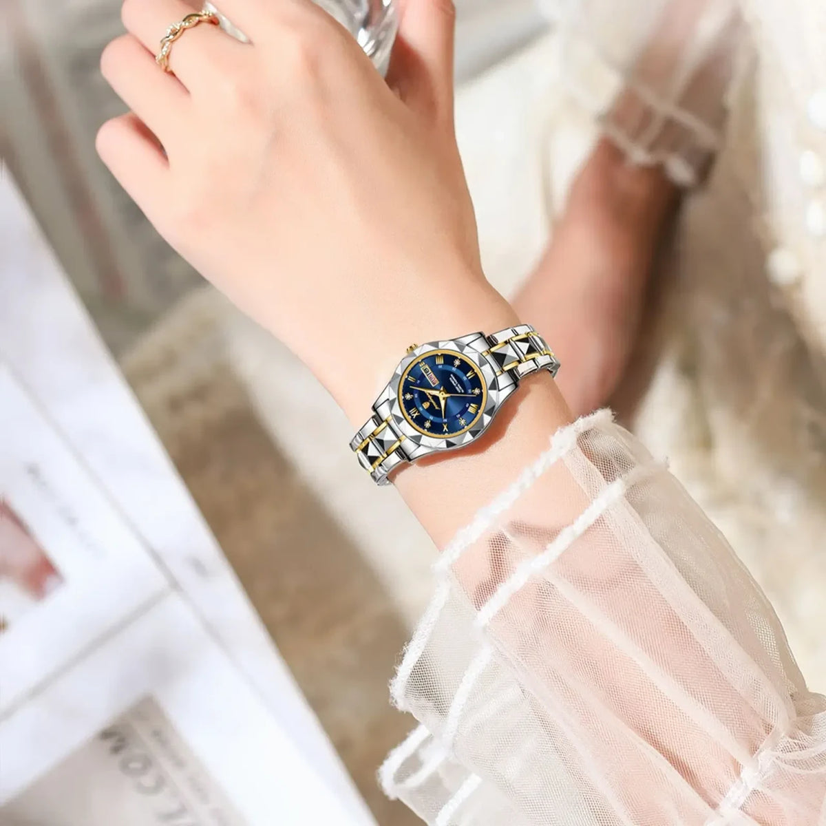 Color: Ivory - POEDAGAR Luxury Ladies Dress Watch Luminous Waterproof Week Date Woman Wristwatch St