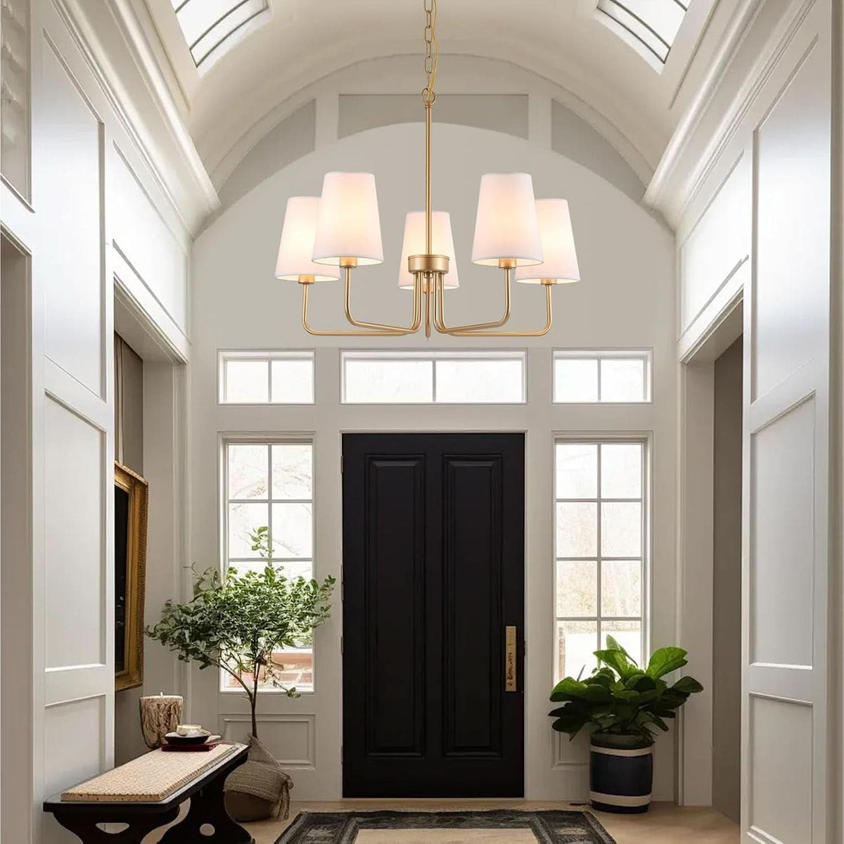 Five Light Gilded Farmhouse Chandelier With White Shades