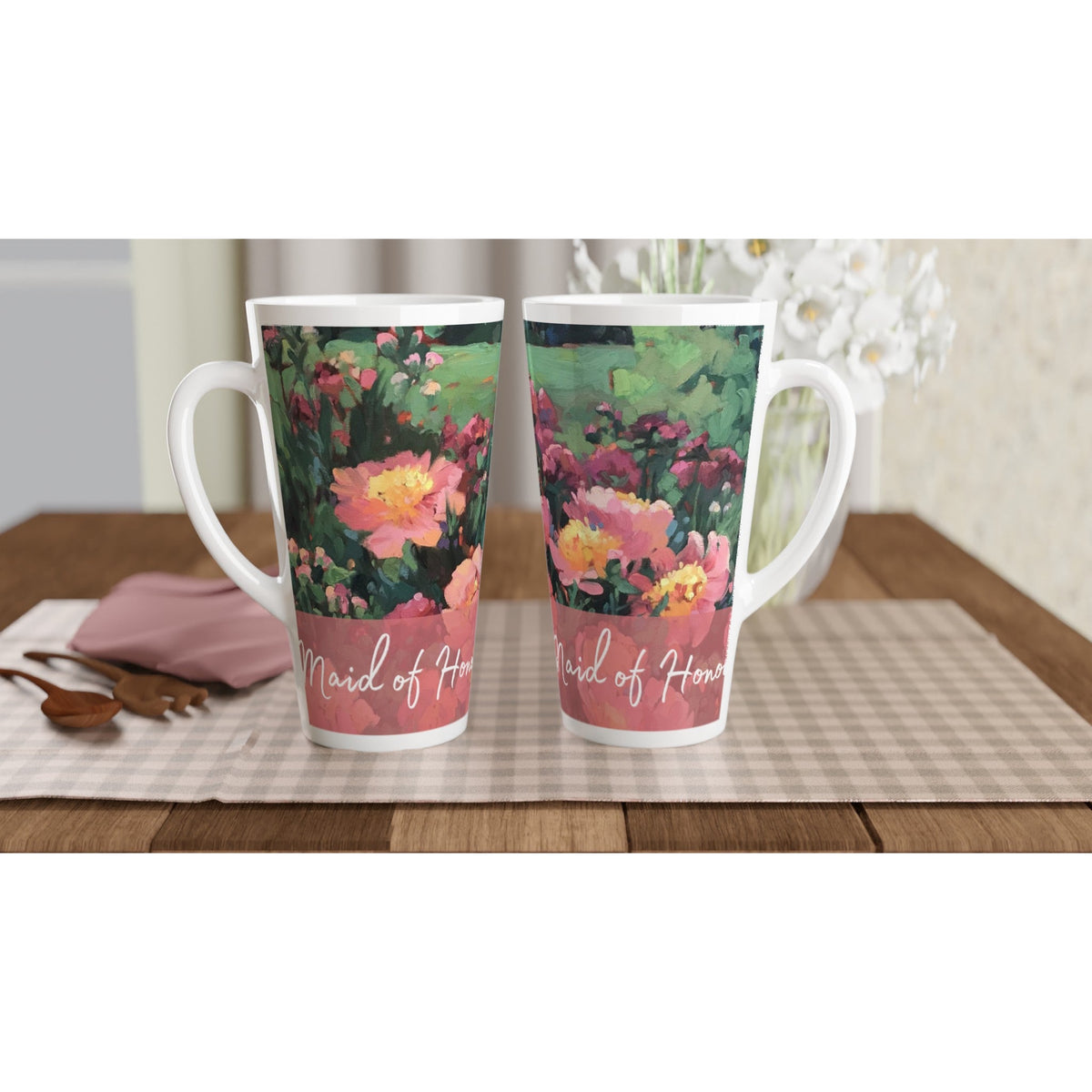 'Maid of Honor' 17oz White Ceramic Latte Mug | Bridal Collection with 'Pink Princess' Artwork by American Artist Barbara Cleary